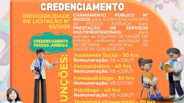 Prefeitura de Goioerê abre credenciamento para profissionais da saúde da família.