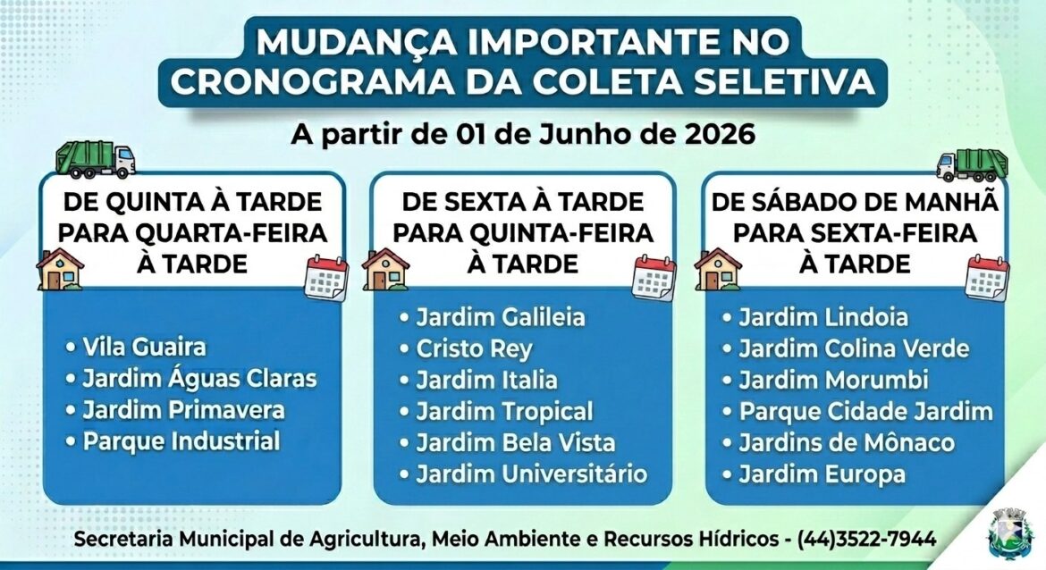 Prefeitura de Goioerê anuncia mudanças no cronograma da coleta seletiva a partir de 1º de junhoA Prefeitura Municipal de Goioerê